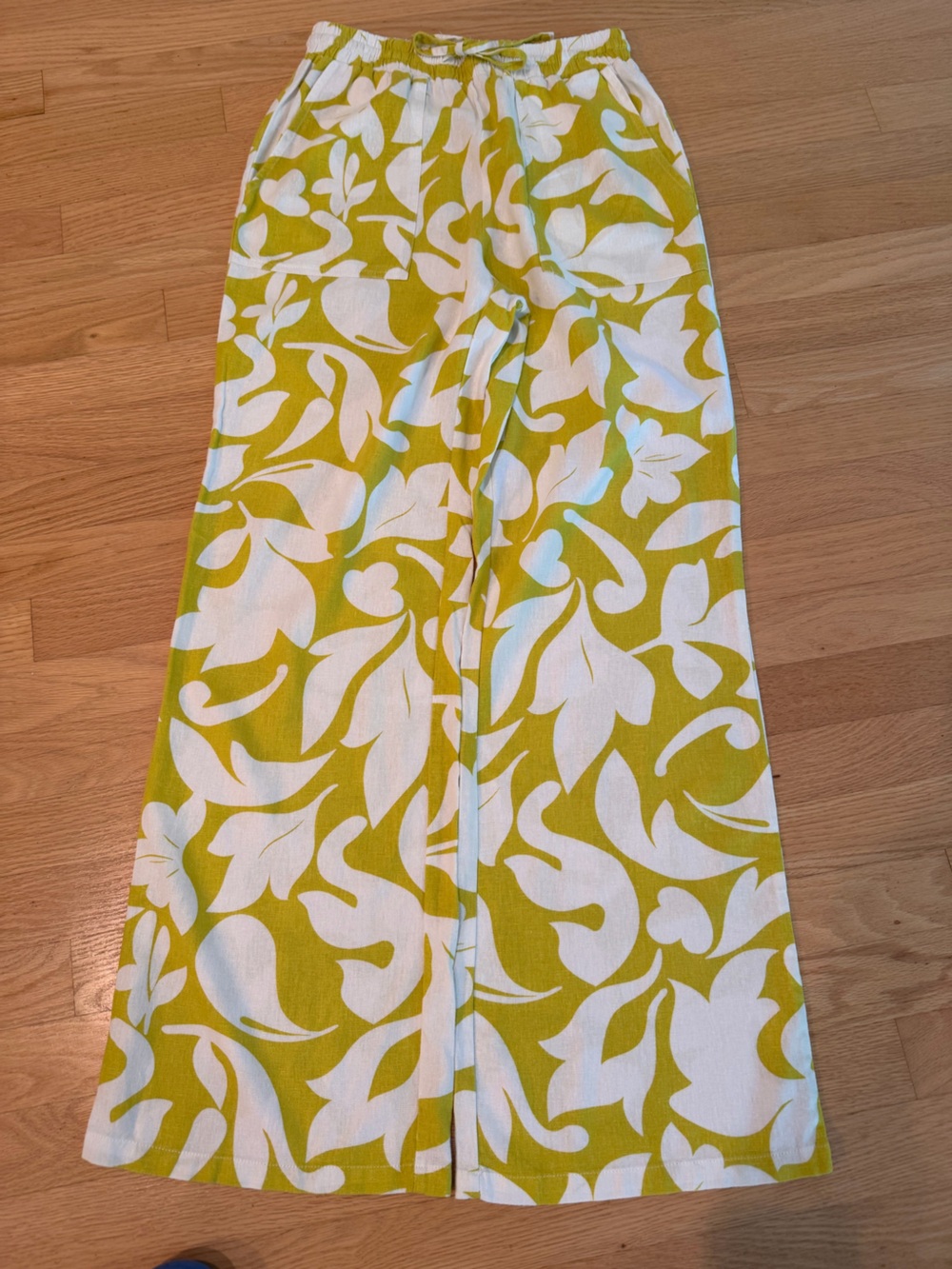 White and Chartreuse Floral Print pants